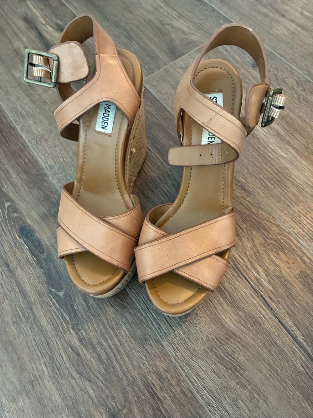 Steve Madden Tan Leather Cross-Strap Wedge Sandals